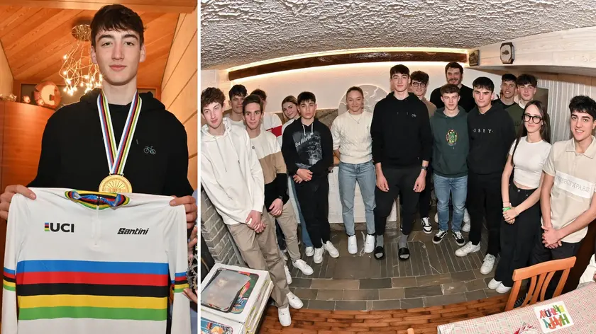 Stefano Viezzi con la maglia iridata e la medaglia d'oro, a destra la festa a sorpresa organizzata dagli amici (foto Petrussi)