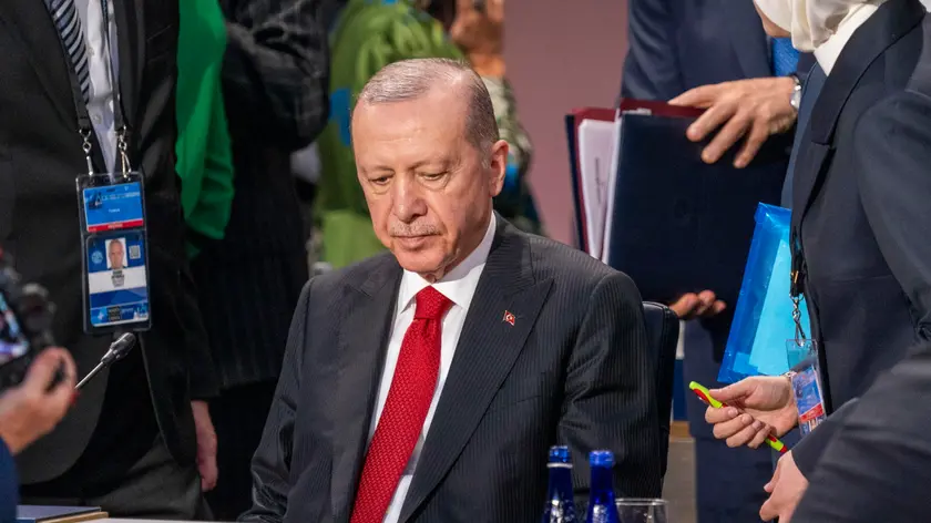 epa11470851 Turkish President Recep Tayyip Erdogan prior to the the North Atlantic Council meeting at the 75th Anniversary NATO Summit in Washington, DC, USA, 10 July 2024. The 75th Anniversary NATO Summit is taking place in Washington, DC, from 09 to 11 July 2024. EPA/SHAWN THEW