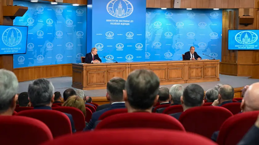 epa11409327 Russia's President Vladimir Putin (L), accompanied by Foreign Minister Sergei Lavrov (R), meets with the Russian Foreign Ministry leadership in Moscow, Russia, 14 June 2024. 'Ukrainian troops must be completely withdrawn from the DPR, LPR, Kherson and Zaporizhia regions. From their entire territory, their administrative borders at the time of their entry into the Russian Federation. As soon as Kiev announces this and gives a promise not to join NATO, we will immediately ensure the safe withdrawal of Ukrainian troops and begin the negotiation process', Putin said at the meeting. EPA/ALEXEY MAISHEV/SPUTNIK/KREMLIN POOL / POOL MANDATORY CREDIT