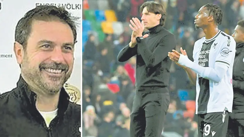A sinistra l'ex bianconero Stefano Fiore, a destra mister Cioffi applaude il pubblico del Friuli assieme a Ehizibu