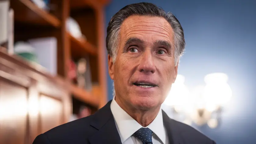 epa10859500 Republican Senator from Utah Mitt Romney speaks to reporters after announcing he won't seek a second term in the Senate in his office in the Russell Building on Capitol Hill in Washington, DC, USA, 13 September 2023. Romney, who was also the 2012 Republican nominee for president, said he wanted to make room for a 'new generation of leaders.' EPA/JIM LO SCALZO