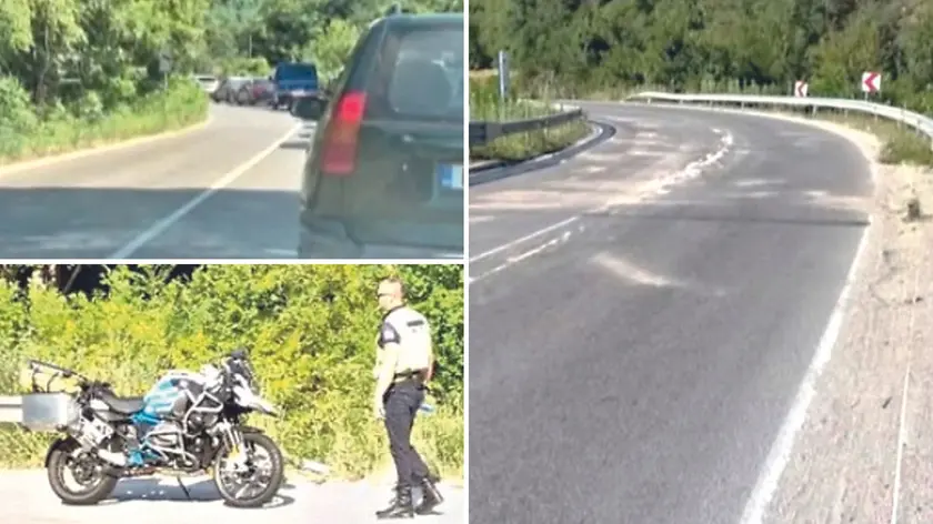I siti di informazione bulgari hanno pubblicato le foto della moto sull’asfalto (in basso a sinistra), del luogo dell’incidente (a destra) e delle code formatesi dopo il sinistro (in alto a sinistra)