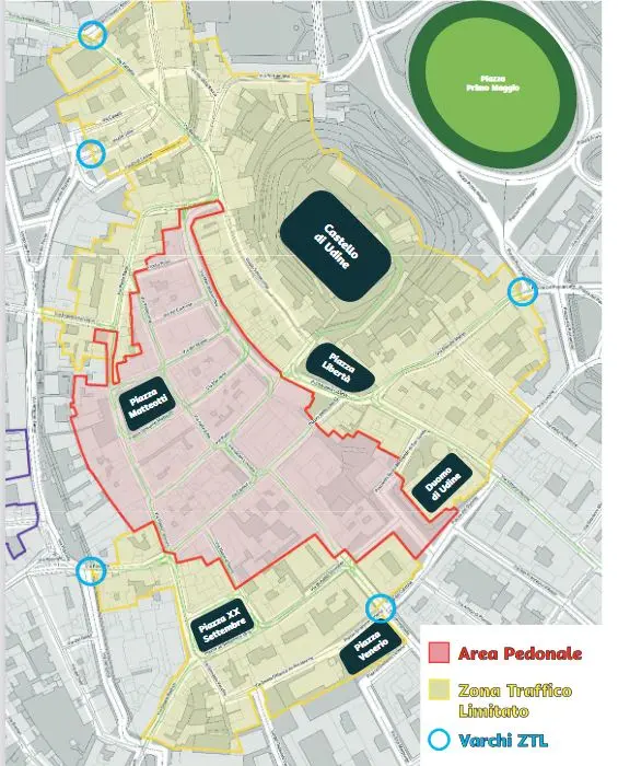 Il centro senza auto: l'area divisa in due zone