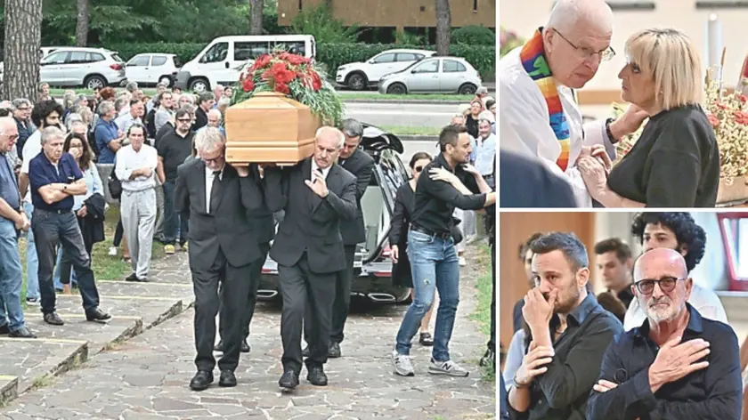 A sinistra la bara portata in chiesa; in alto a destra la moglie Flavia con don Saccavini e, sotto a destra, Sandro Comini con suo figlio (foto Petrussi)