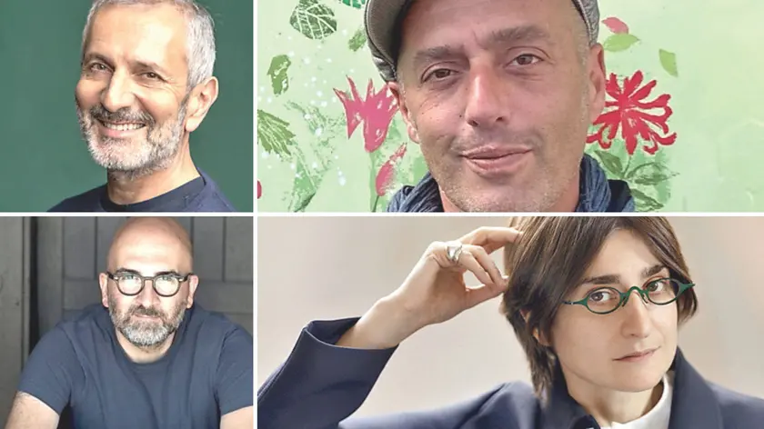 In alto da sinistra in senso orario Gianrico Carofiglio, Enrico Brizzi, Chiara Valerio, Donato Carrisi