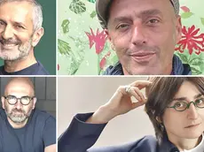 In alto da sinistra in senso orario Gianrico Carofiglio, Enrico Brizzi, Chiara Valerio, Donato Carrisi