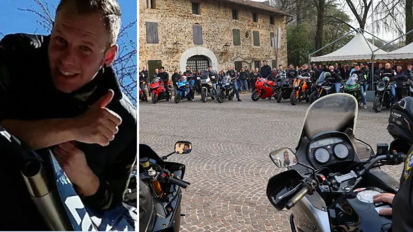 Omar Baulini e le moto che fuori dalla chiesa di San Valentino hanno scortato il feretro