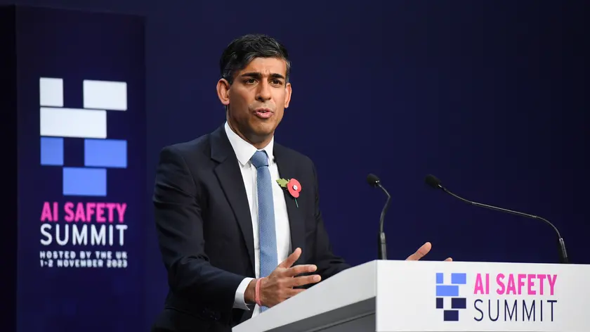 epa10954942 British Prime Minister Rishi Sunak speaks during a news conference on day two of the AI Safety Summit 2023 at Bletchley Park, Milton Keynes, Britain, 02 November 2023. The summit, organised by the UK Government, considers the risks of AI and how they can be mitigated through internationally coordinated action, and is running from 01 to 02 November 2023. EPA/CHRIS J. RATCLIFFE / POOL