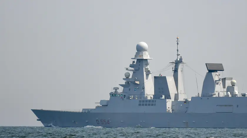 epa10650086 Italian missile destroyer Caio Duilio sails from the port of Gdynia, northern Poland, 24 May 2023. The ship, which arrived in Gdynia on 20 May, will strengthen the anti-aircraft and anti-missile defense of the Polish coast. EPA/Adam Warzawa POLAND OUT