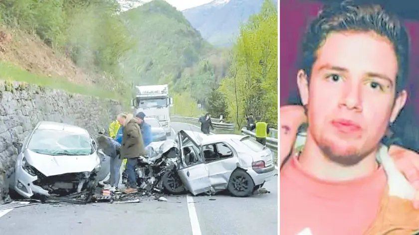I soccorsi sul luogo dell'incidente sulla strada statale 355 e un primo piano del 24enne Thomas Del Linz