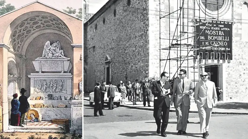 Il disegno del monumento a Winckelmann a Trieste, a destra l’inaugurazione della mostra di Bombelli e Carneo a Udine