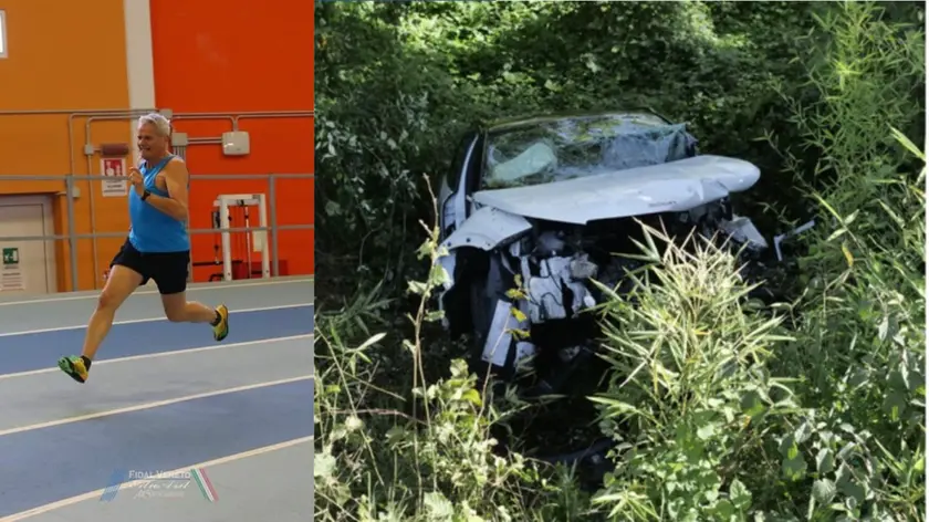 Mario De Marchi era un appassionato di atletica. A destra l'auto dopo l'incidente