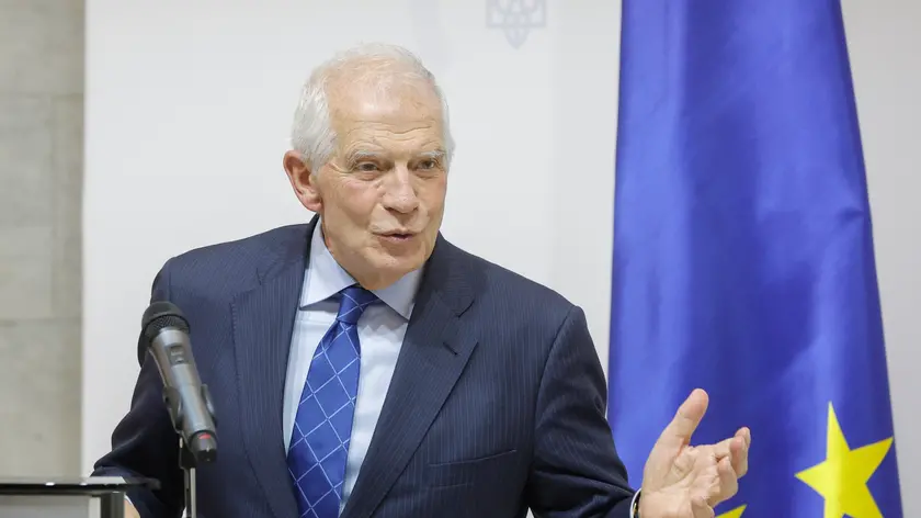 epa11134174 Josep Borrell, High Representative of the European Union for Foreign Affairs and Security Policy, addresses a press conference with Ukrainian Foreign Minister Dmytro Kuleba (not pictured) after their meeting in Kyiv, Ukraine, 07 February 2024. Borrell arrived in Kyiv to meet with top Ukrainian officials amid the ongoing Russian invasion. EPA/SERGEY DOLZHENKO
