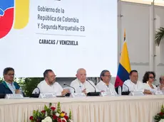 epa11435074 The peace commissioner of the Government of Colombia, Otty Patino (3-L), speaks at the installation of the first cycle of negotiations with the Segunda Marquetalia, in Caracas, Venezuela, 24 June 2024. The delegations of the Government of Colombia and the Segunda Marquetalia - a FARC dissident made up of former guerrillas who abandoned the 2016 peace agreement - 'formally' installed the peace dialogue table of the first cycle of negotiations, which is expected to last five days, in which the de-escalation of the conflict and the conditions for peaceful coexistence, among other issues, will be addressed. EPA/RONALD PENA R