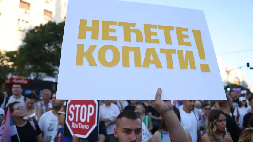 epa11543630 A protestor holds a sign reading 'You shall not mine' during a rally against plans to start mining lithium in Serbia, in Belgrade, Serbia, 10 August 2024. Plans to open lithium mines in Serbia were halted in 2021 after environmental groups started protesting against the proposed projects in different parts of Serbia but several wildlife preservation organizations and NGOs are warning that Rio Tinto and other mining companies have restarted their intentions for operations in the country. EPA/ANDREJ CUKIC