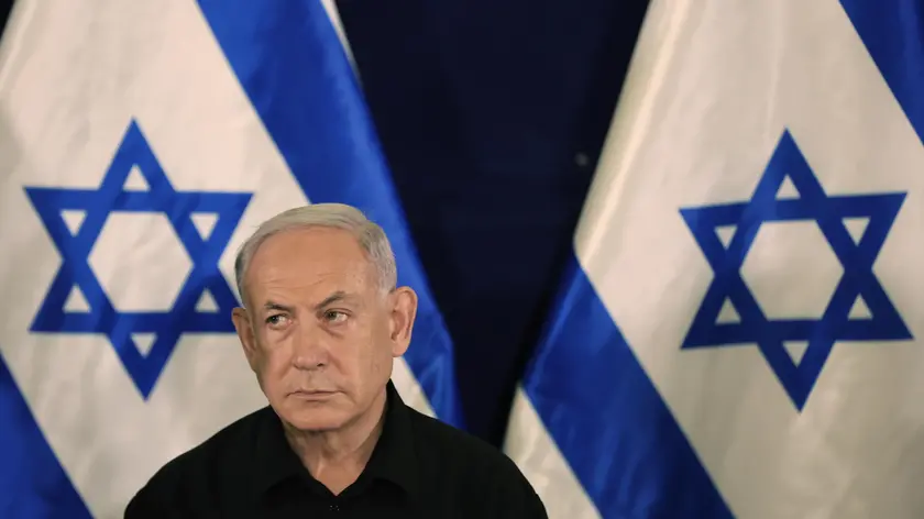 epa10945801 Israel's Prime Minister Benjamin Netanyahu attends a press conference in The Kirya military base in Tel Aviv, Israel, 28 October 2023. EPA/ABIR SULTAN / POOL
