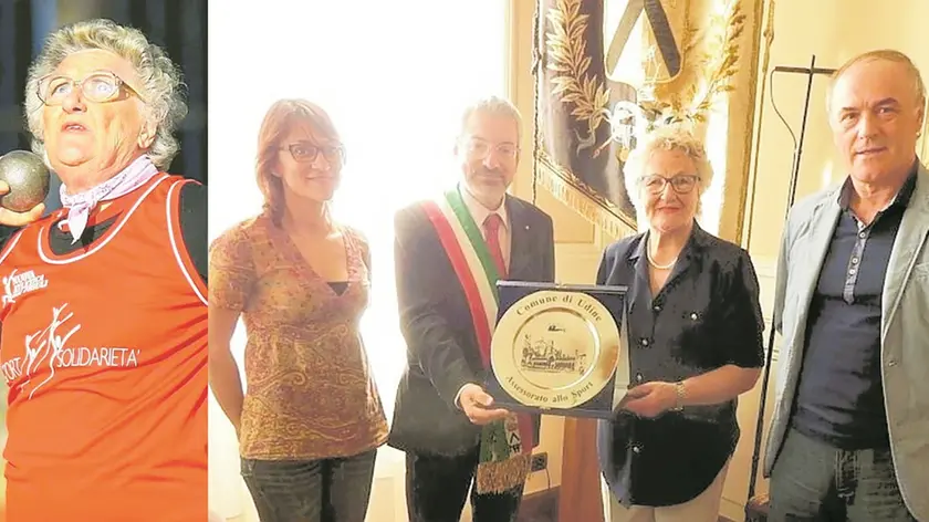 Anna Flaibani in pedana e, a destra, premiata dal sindaco di Udine Honsell nel 2014