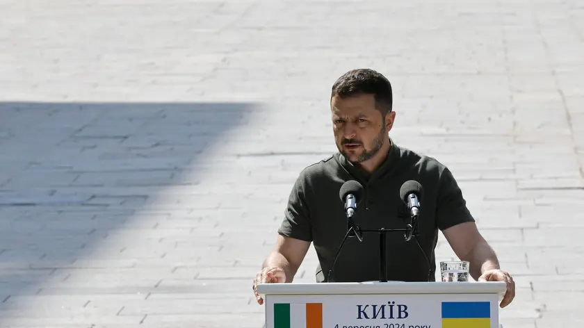 epa11584299 Ukrainian President Volodymyr Zelensky addresses during a joint press conference with Ireland's Taoiseach Simon Harris (not pictured) after their meeting in Kyiv, Ukraine, 04 September 2024. Ireland's Taoiseach (Prime Minister) Simon Harris arrived in Ukraine to meet with top Ukrainian officials amid the ongoing Russian invasion. EPA/SERGEY DOLZHENKO