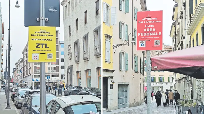 La nuova segnaletica: rossa indica la zona pedonale, gialla la zona a traffico limitato