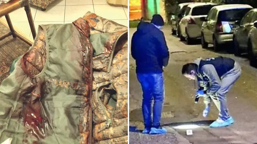 Le macchie di sangue su uno dei vestiti del ferito, a destra i rilievi sul luogo dell'accoltellamento