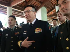 epa11380990 China's Minister of National Defense Admiral Dong Jun (C) speaks to the media after a meeting with US Defence Secretary Lloyd Austin (not pictured), on the sidelines of the Shanghai-la Dialogue Defence Summit in Singapore, 31 May 2024. The US and China defence ministers held the first in-person meeting of this level since late 2022 on the sidelines of the 21st Shanghai-la Dialogue defence summit in Singapore. EPA/HOW HWEE YOUNG