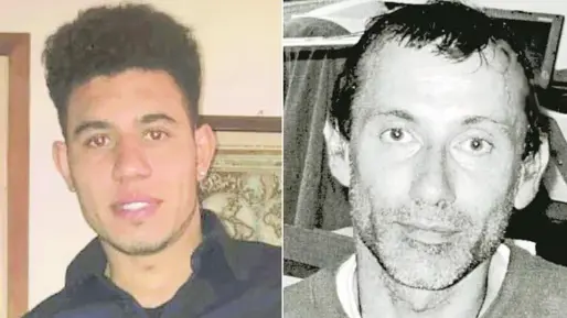 Bruno Macchi, accusato dell'omicidio del senzatetto a Udine; a destra la vittima, Luca Tisi