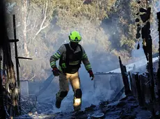epa11617817 A firefighter douses a fire coming from projectiles fired from south Lebanon near Safed, northern Israel, 21 September 2024. The Israeli Defense Forces (IDF) said that "approximately 90 projectile launches were identified crossing from Lebanon into Israeli territory." Furthermore, the Air Force "struck thousands of launcher barrels that were ready for immediate use to fire toward Israeli territory." EPA/ATEF SAFADI