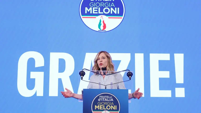 Italian Prime Minister Giorgia Meloni at the headquarters of the Brothers of Italy (Fratelli d'Italia) speaks to journalists about the European Parliament election, in Rome, Italy, 9 June 2024. ANSA/GIUSEPPE LAMI