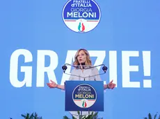 Italian Prime Minister Giorgia Meloni at the headquarters of the Brothers of Italy (Fratelli d'Italia) speaks to journalists about the European Parliament election, in Rome, Italy, 9 June 2024. ANSA/GIUSEPPE LAMI