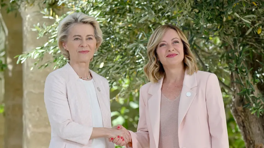 European Commission President Ursula von der Leyen (L) during the welcome ceremony with Italy's Prime Minister Giorgia Meloni (R), during the G7 Borgo Egnazia Summit in Borgo Egnazia (Brindisi), southern Italy, 13 June 2024. The G7 Borgo Egnazia Summit will be held from 13 to 15 June 2024. ANSA/ETTORE FERRARI