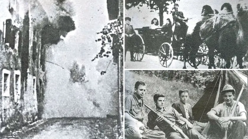 Da sinistra in senso orario: gli incendi nei paesi; cosacchi con famiglie al seguito; un gruppo di partigiani dal libro di Enrico Folisi “La liberazione del Friuli” 1943-45 Gaspari Editore