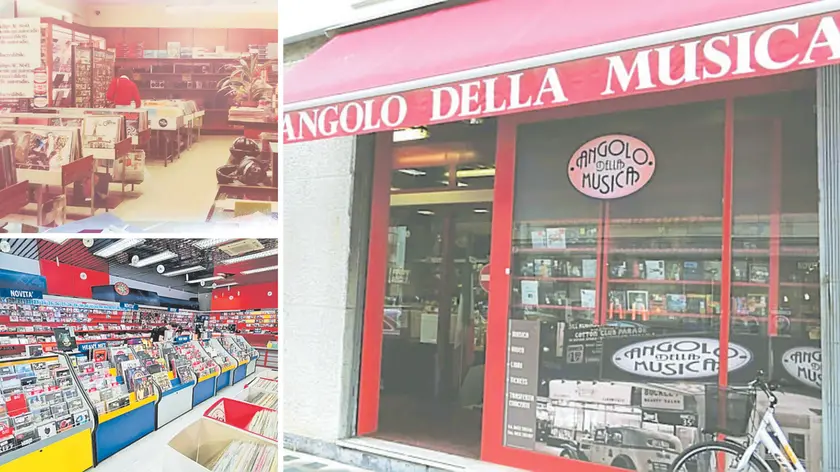 A sinistra un’immagine dell’Angolo della musica come appariva negli anni settanta e sotto l’attuale allestimento. A destra l’ingresso del negozio (Foto Petrussi)