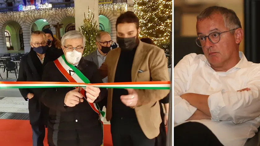 Da sinistra, il consigliere Michele Zanolla (in primo piano anche a destra), il sindaco Pietro Fontanini e Gaetano Gangi all’inaugurazione del locale in centro a Udine
