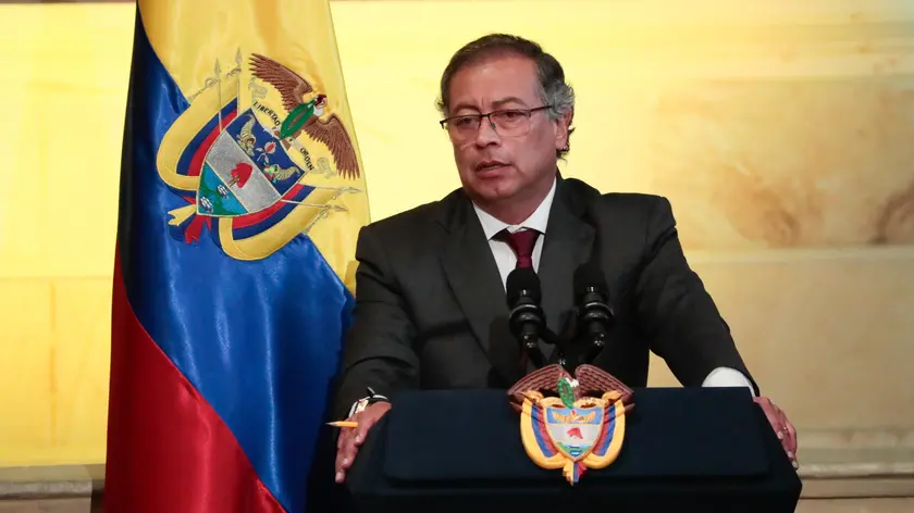 epa11489791 Colombian president Gustavo Petro speaks during the installation for the new congressional session in the National Congress in Bogota, Colombia, 20 July 2024. During this new period his government is going to present new projects of reforms to the health, justice and taxes, among other initiatives that will be the base to face off the second half of his presidency. EPA/Carlos Ortega