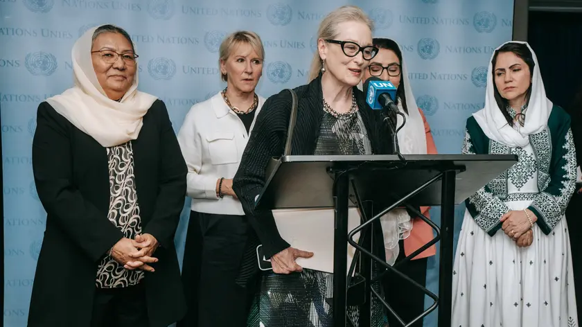 epa11621739 US actor Meryl Streep (C) speaks while standing with (L-R) Afghanistan's former Minister for Women’s Affairs Habiba Sarabi, Sweden’s former Minister for Foreign Affairs Margot Wallstrom, Former Director General of Human Rights and Women's International Affairs Asia Wardak, and Former Deputy Speaker of Afghanistan’s Parliament Fawzia Koofi following an event entitled 'The Inclusion of Women in the Future of Afghanistan' on the side lines of this this week's General Debate of the 79th session of the United Nations General Assembly at United Nations Headquarters in New York, New York, USA, September 2024. EPA/OLGA FEDOROVA