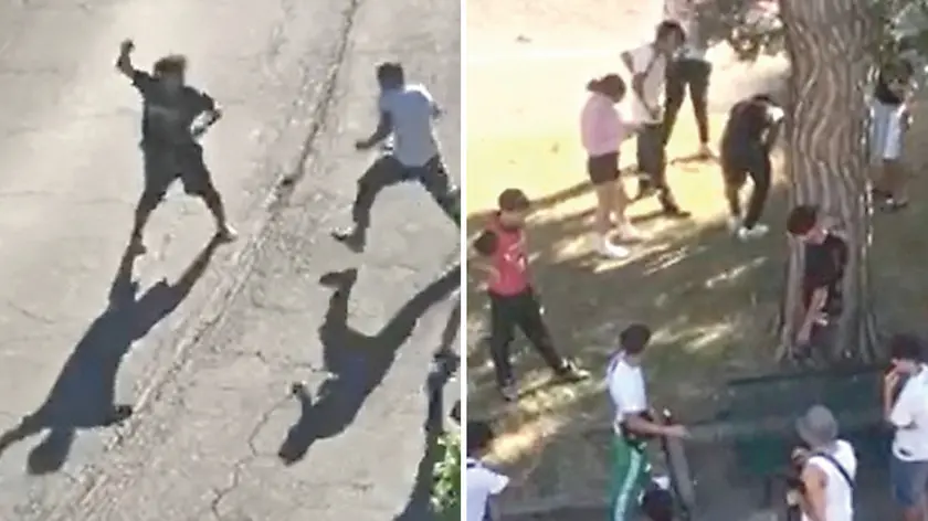 A sinistra il fotogramma di una rissa avvenuta giorni fa in via Leopardi dove folti gruppi di ragazzi, per lo più stranieri, sostano spesso facendo gruppo come si vede a destra