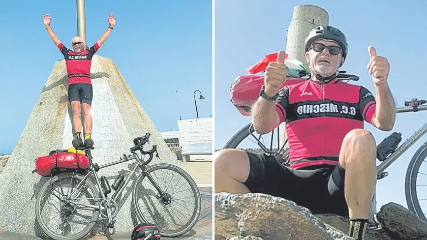 Due scatti dell’ex infermiere Mario Feltrin al termine della sua impresa in bicicletta