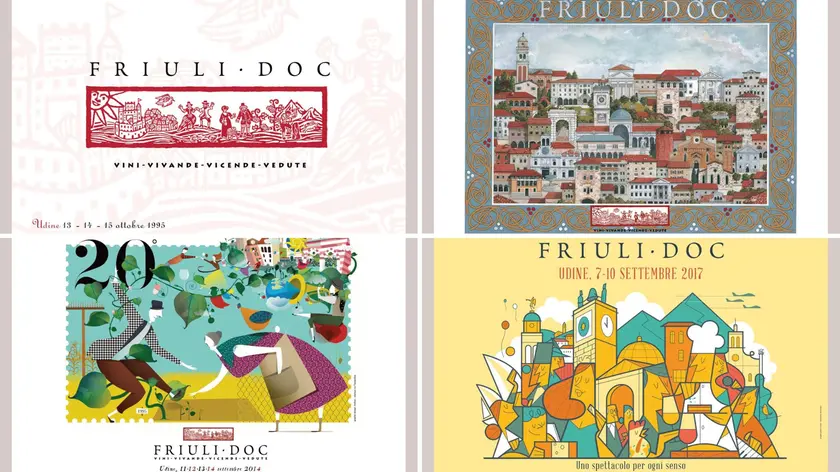 In alto a sinistra, in senso orario la prima locandina del 1995, quella del decennale del 2004, i 20 anni nel 2014 e poi quella del 2017