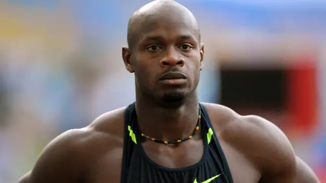 L'atleta jamaicano Asafa Powell al termine della batteria dei 100 metri maschili dell'edizione 2008 del Golden Gala allo stadio Olimpico di Roma, in una immagine dell'11 luglio 2008. ANSA/CLAUDIO ONORATI