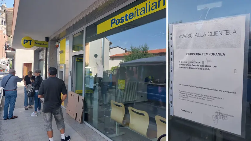 Clienti in coda davanti all’ingresso dell’ufficio postale di Basiliano e, a destra, il cartello di chiusura affisso sulla vetrata (foto Petrussi)