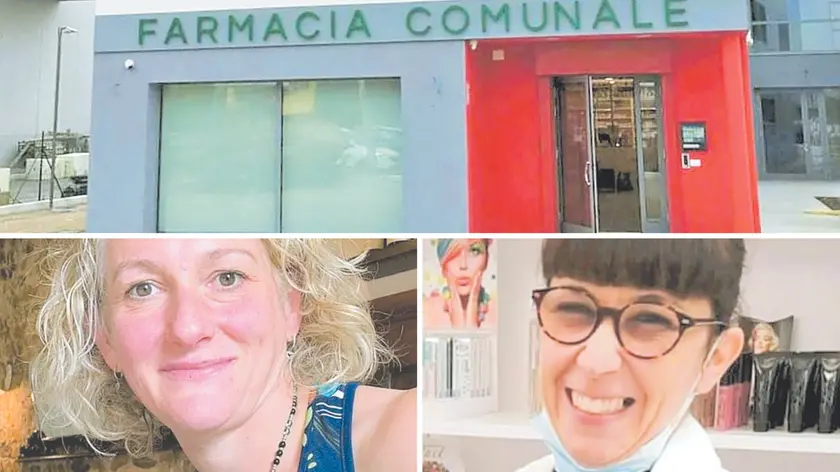 Da sinistra Aurora Venuti e Alessandra Civitico; in alto, la farmacia comunale con sede a Feletto