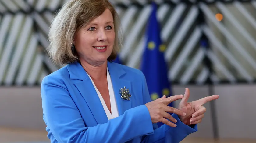 epa11338550 Vera Jourova, Vice President of the European Commission for Values and Transparency, speaks to the press at the start of a European Culture Ministers Council in Brussels, Belgium, 14 May 2024. The Council will discuss culture and audiovisual issues, with ministers seeking to approve conclusions on the rise of influencers as a part of the EU’s media ecosystem, as well as on ways to empower the cultural and creative sectors through data-driven audience development. They will also hold a policy debate on future-proofing the cultural and creative sectors in the age of artificial intelligence. EPA/OLIVIER HOSLET
