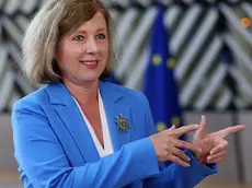 epa11338550 Vera Jourova, Vice President of the European Commission for Values and Transparency, speaks to the press at the start of a European Culture Ministers Council in Brussels, Belgium, 14 May 2024. The Council will discuss culture and audiovisual issues, with ministers seeking to approve conclusions on the rise of influencers as a part of the EU’s media ecosystem, as well as on ways to empower the cultural and creative sectors through data-driven audience development. They will also hold a policy debate on future-proofing the cultural and creative sectors in the age of artificial intelligence. EPA/OLIVIER HOSLET