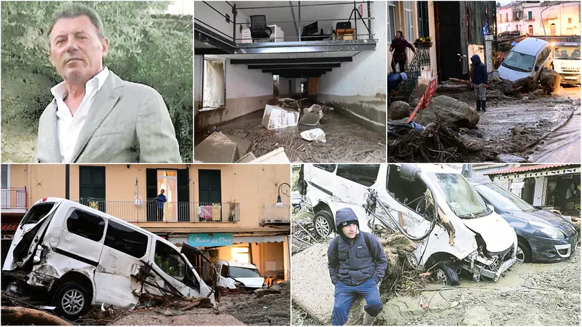 In alto da sinistra, Oscar Mattera, friulano trapiantato sull’isola di Ischia. Poi le immagini della devastazione nell'isola