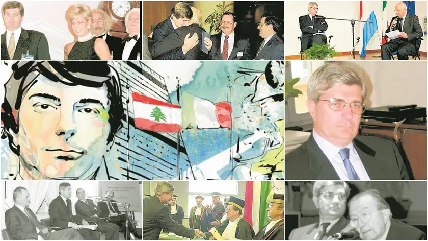 Alcune immagini di Giandomenico Picco: da sinistra in alto e in senso orario, l'incontro con lady Diana a New York, mentre abbraccia uno degli ostaggi finiti nelle mani di Hezbollah in Libano e poi liberati, quando fu nominato cittadino onorario di Flaibano; al centro un ritratto e un primo piano del diplomatico; in basso da sinistra, l'incontro con l'allora sindaco di Udine Cecotti e il presidente degli industriali Valduga, quando gli fu conferita la laurea honoris causa in Scienze internazionali e diplomatiche a Gorizia e, infine, la presenza in un convegno sempre nel capoluogo isontino con Andreotti