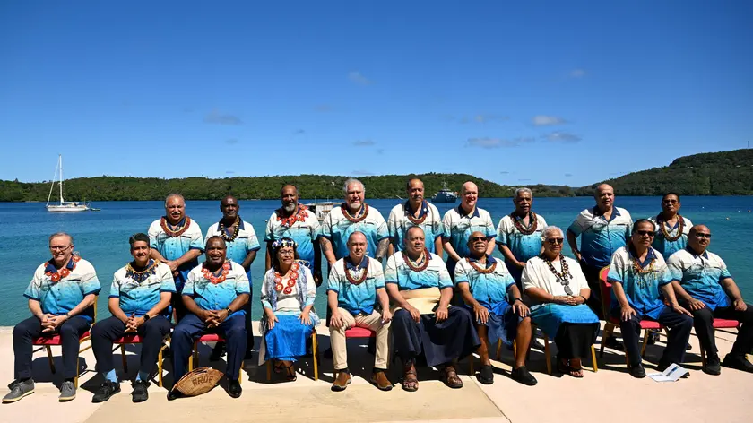 epa11570292 Pacific Nation leaders pose for a family photograph ahead of the leader's retreat during the 53rd Pacific Islands Forum Leaders Meeting in Nuku'alofa, Tonga, 29 August 2024. Leaders from Pacific Island nations are gathering in Tonga for the 53rd Pacific Islands Forum Leaders Meeting. EPA/LUKAS COCH AUSTRALIA AND NEW ZEALAND OUT