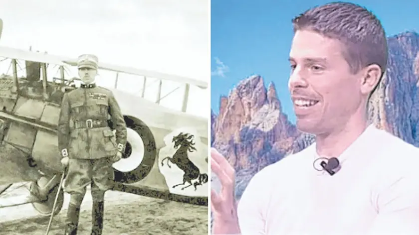 Alex Camera e, a sinistra, uno storico scatto che riprende Francesco Baracca accanto al suo aereo