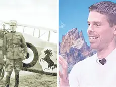 Alex Camera e, a sinistra, uno storico scatto che riprende Francesco Baracca accanto al suo aereo