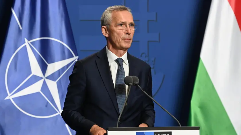 epa11405287 NATO Secretary General Jens Stoltenberg speaks during a joint press conference with Hungarian Prime Minister Viktor Orban (not pictured) following their meeting at the government headquarters in Budapest, Hungary, 12 June 2024. EPA/ZOLTAN MATHE HUNGARY OUT
