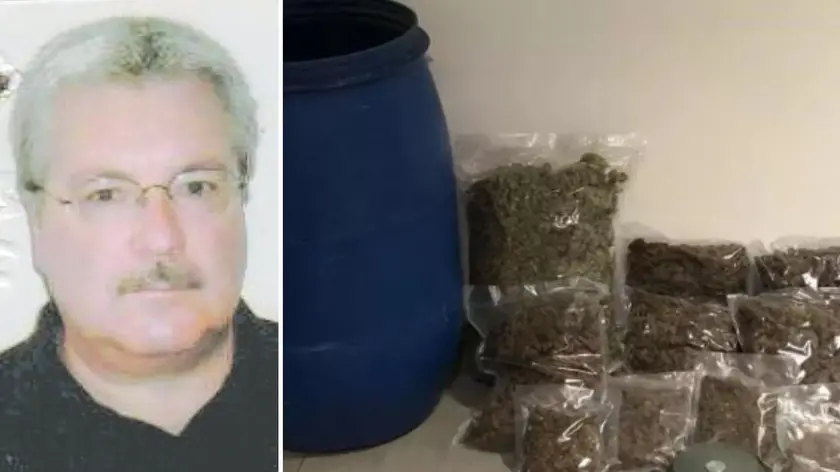 Roberto Toffolo, 72 anni; a destra parte della droga sequestrata